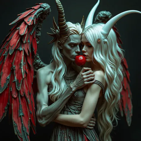 Gothic angel with sculptural figure, with large iridescent gargoyle wings, with very long, platinum hair, A demon of excellent lineage takes it by the waist, She feeds him a delicious red fruit in her mouth