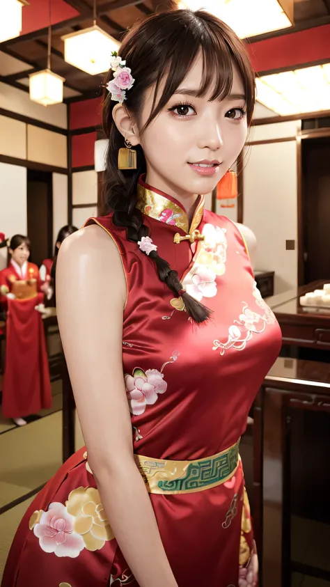 realistic, masterpiece, Highest quality, is anatomically correct, accurate human body structure, 7 heads, Height: 165cm, A Japanese woman takes a selfie with a fisheye lens, profile, stares at viewers, open your mouth and smile , stares at the viewers, ...