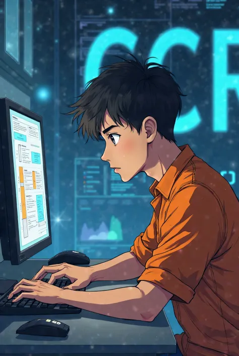 Young man wearing orange shirt,he was working at the computer, background labeled CCR,angle view,  Anime art 