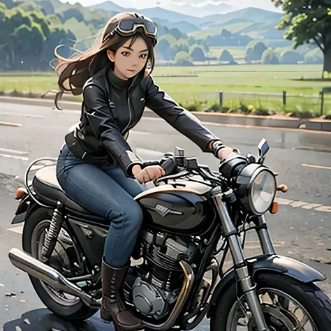 Vintage Bikes、victory、Isle of Man Races、(A young female rider speeds along on a motorcycle)、Leather jumper、Cromwell helmet with goggles、After the Rain、English countryside、masterpiece, best quality, high resolution, 8k,