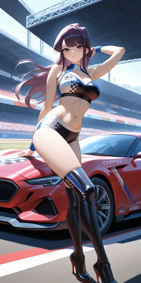 Komi Shouko as race queen who wraps a checkered flag around her body and、attends the award ceremony at the racetrack、bestquality,4K,Ultra detailed depiction,HDR,UHD,studio lighting,Perfect colors,Delicate Textures,Powerful Poses,Seductive Expression, Glamo...