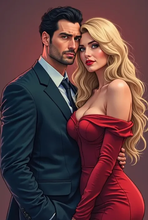  Create a beautiful romance book cover , High quality lines,  cartoon.  A handsome man , Tall and strong,  wearing a dark suit , short black hair, short beard, olhos blues, blues, Henry Cavill,  is ahead , Lens In the foreground, looking forward. right beh...