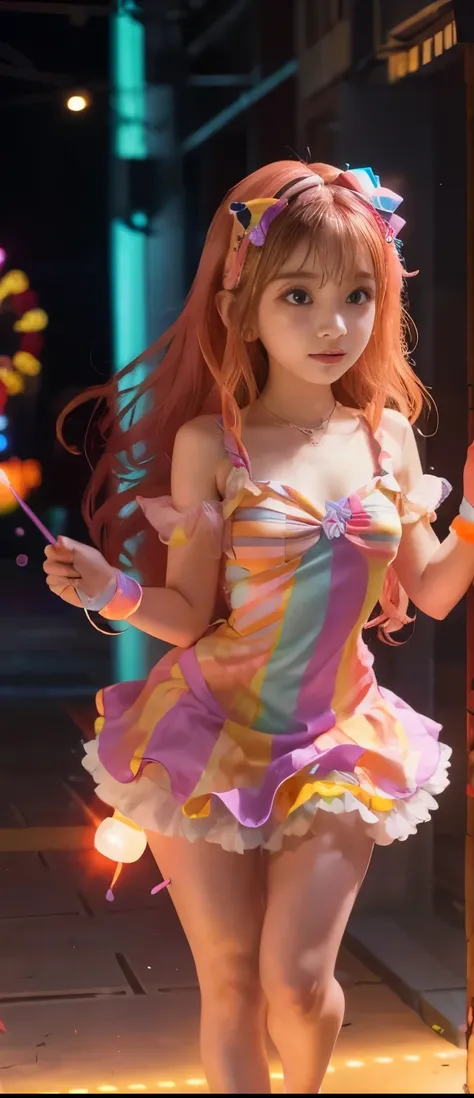 Cool Fairy Tale Idol Girl、full body、A pure girl's face、 hypo、、Fluorescent Orange Striped Tight Mini Dress、Glowing Candyax、POP CANDY STAR（Fluorescent Purple）、