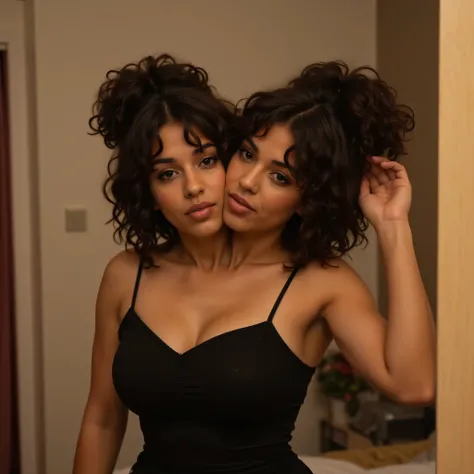 intimate close-up photo of a gorgeous Brazilian woman, she is a conjoined twin with two heads, dominican, tan skin, curly hair, beautiful, selfie in mirror, wearing black dress, hand touch hair, bedroom, high detailed