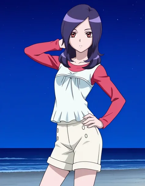 easchan, medium hair, purple hair,
shorts, sleeveless dress, raglan sleeves, dress, anime screencap, shiny skin, solo, night sky, beach, hand  behind head, hand on hip, ((contrapposto)), closed mouth, cowboy shot, looking at viewer, expressionless, best qu...