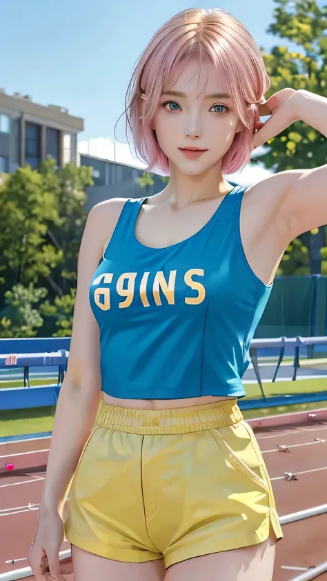 Non-NSFW、Genuine、(Highest quality), ( masterpiece)、 super high definition 、RAW photo, (upper body), (Athletics track:1.5),  fantasy、look at the camera and put、alone、(Elemental Sylph:1.1), A beautiful spirit、Super Beauty, (Pink dyed hair) ( sexy:1.2), (:1.2...