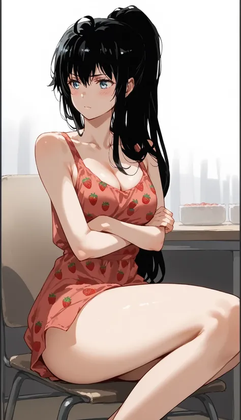 score_9, score_8_up, score_7_up, source_anime,
yukinoyukinoshita, yukino yukinoshita, black hair, blue eyes, long hair, ahoge, medium breast, 
1girl, solo, breasts, long_hair, sitting, black_hair, cleavage, food_print, ponytail, dress, blush, chair, crosse...