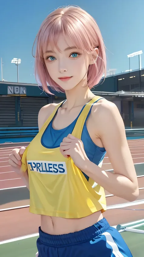 Non-NSFW、Genuine、(Highest quality), ( masterpiece)、 super high definition 、RAW photo, (upper body), (Athletics track:1.5),  fantasy、look at the camera and put、alone、(Elemental Sylph:1.1), A beautiful spirit、Super Beauty, (Pink dyed hair) ( sexy:1.2), (:1.2...