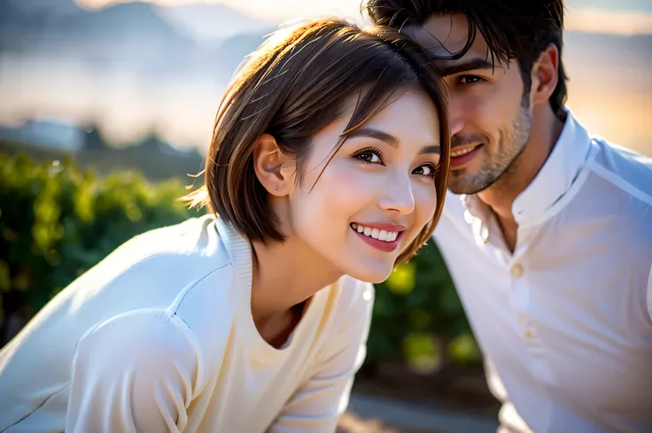 ((White Wine)),((  wine glasses)),((White Wine)),((  Sparkling Wines)),(realistic, superrealistic:1.4), 16K HDR,  high image quality,turtleneck shirt,Age 33,29 years old, Japanese Beauty,happy smile, short hair,  best smile、slim couple、Model Couple、(realis...