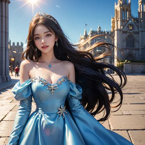 best quality, masterpiece, 1 girl, huge laugh, cute , shiny lips, sweet, sun glare, Conservative attire, blue dress, Disney princess, bridal tiara, depth of field, blurred background, Cathedral Background, light particles, strong wind, head tilt, long hair...