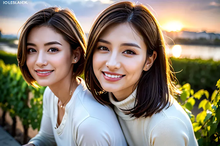 (( wine glassesを持っている)),((White Wine)),(( wine glasses)),(realistic, superrealistic:1.4), 16K HDR, high image quality,turtleneck shirt,Age 33,Age 35, Japanese Beauty,happy smile, short hair, best smile、slim couple、Model Couple、(realistic, intricate d...