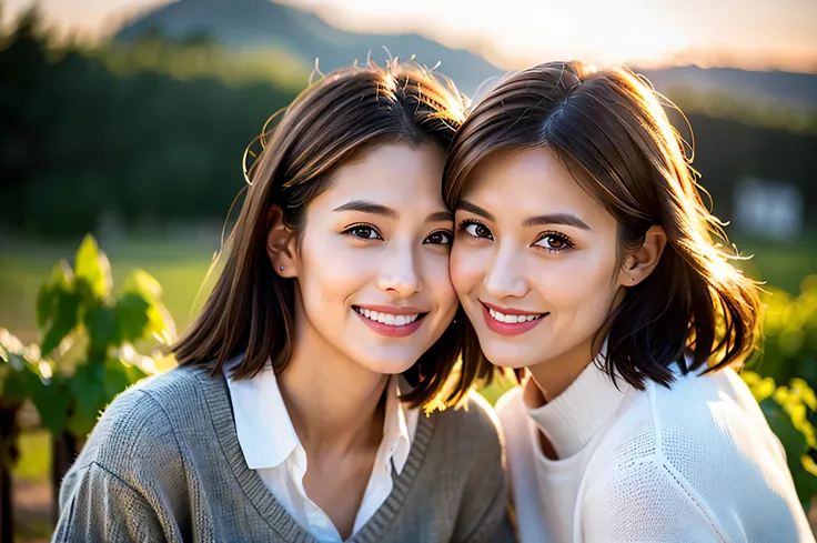 (( wine glassesを持っている)),((White Wine)),(( wine glasses)),(realistic, superrealistic:1.4), 16K HDR, high image quality,turtleneck shirt,Age 33,Age 35, Japanese Beauty,happy smile, short hair, best smile、slim couple、Model Couple、(realistic, intricate d...