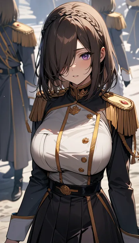 (masterpiece, Highest quality:1.2), (1girl), alone, ((medium hair)), (dark brown hair)), (straight hair), ((hair over face)), (hair over one eye), (hair over right eye), (), (purple eyes), ((big breast)) ,high detail, (crown braid), (military uniform), lon...