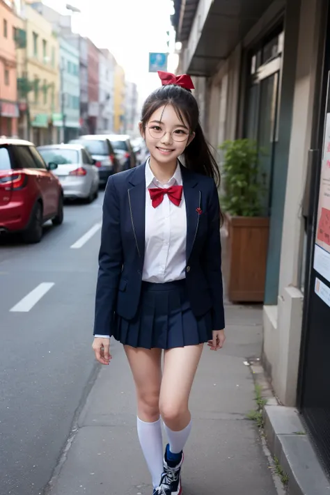  female middle school student walking,uniform,navy blue blazer,gray pleated micro mini skirt, red student ribbon of a smiling Taiwanese,half knee length navy blue knee-high socks,Sneakers,black hair ponytail,glasses,Taiwanese girl,low angle,