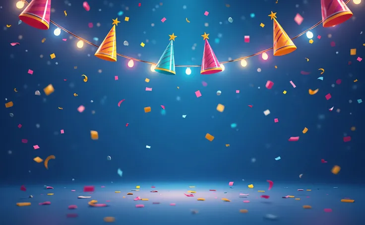 This image is a vibrant and festive design featuring party hats, confetti, and string lights, perfect for celebratory occasions or event promotions. Let's analyze its features and potential uses:

Image Description:

The image depicts a celebratory scene a...