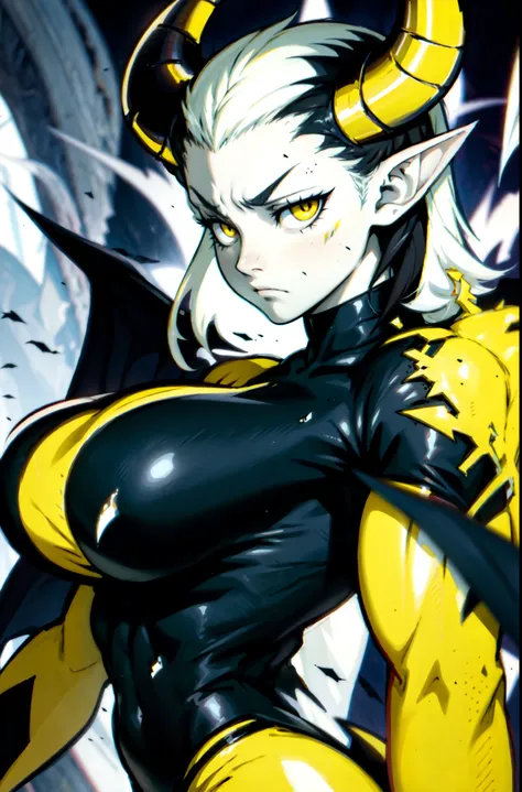 black hair yellow eyes pale skin pointy ears massive horns sad frown empty eyes huge muscles big breasts dark wings devils tail