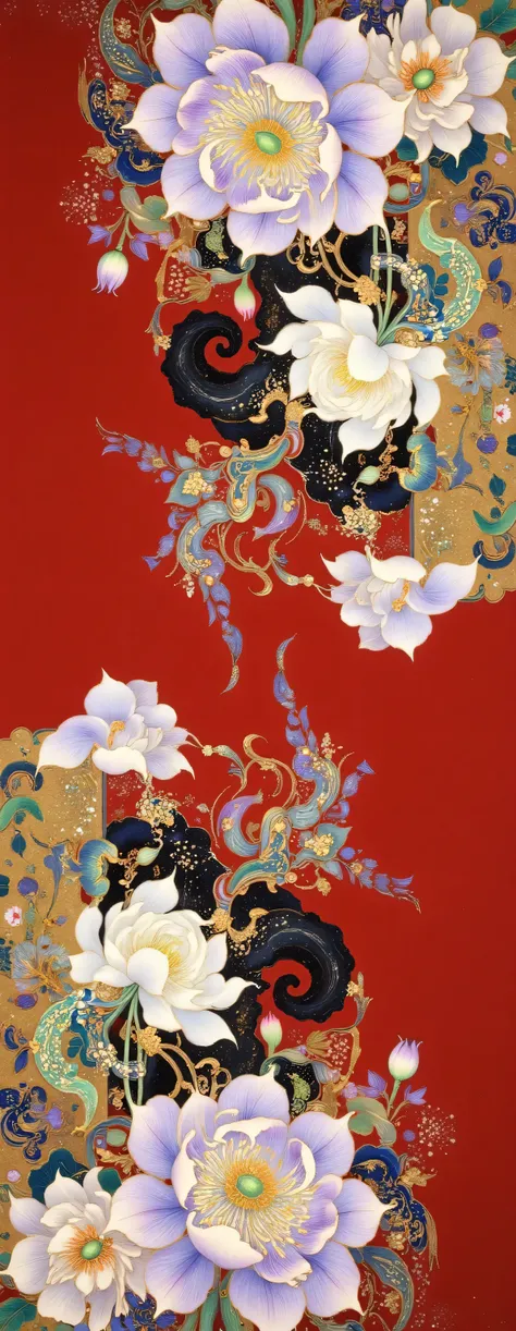 There is a painting of a building with a tower and flowers, 错综intricate painting  , Oriental Fantasy,   Oriental Wallpaper  ,  oriental art nouveau ,  pop Japanese style 3D super detailed , Inspired by Yun Shouping,   Chinese Style Painting  , james jean 和...