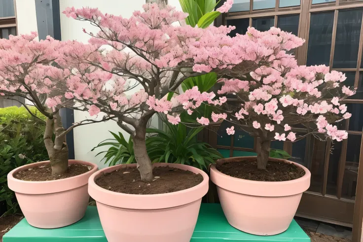 a close up of a Potted plants tree with pink flowers in a pot,  A pastel  ,  Flickr , creation, pink Potted plants tree, Potted plants trees, Potted plants, Cherry blossoms bloom, Potted plants tree, made of Potted plants, lush plants and Potted plants tre...