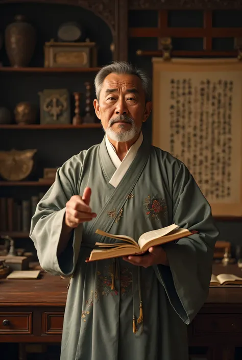 A wise Korean man, aged 60-70, with a serious and composed expression, wearing a traditional hanbok with subtle embroidery, standing in a dimly lit study filled with ancient scrolls and wooden bookshelves. His intense gaze is directed towards the audience,...