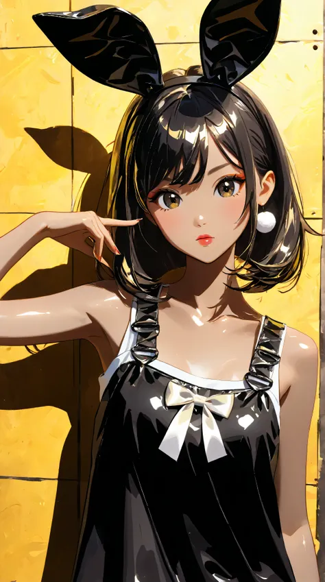 pop art style、cute, kawaii, bunny girl, Street fashion、coy、Upper body、the lines are very detailed and dynamic、delicate and accurate expression、modern art、shiny skin, beige, black,