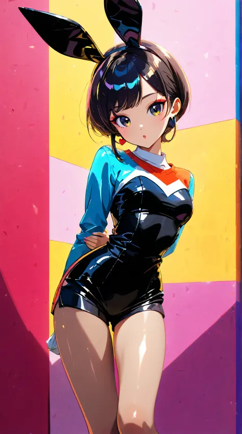 pop art style、cute, kawaii, bunny girl, Street fashion、coy、Upper body、the lines are very detailed and dynamic、delicate and accurate expression、modern art、shiny skin, beige, black, arms behind back,