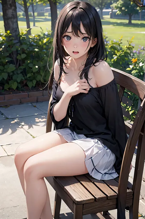  8k resolution,((Highest quality)),super high definition, Adult Female, alone,  sexy, (embarrassed expression), ( black eyes), beautiful symmetrical face, (black straight long hair),white shirt for summer,skirt,realistic:1.4,realistic:1.4,(masterpiece:1.2)...