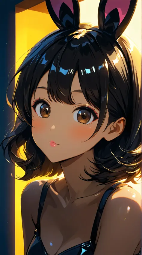 pop art style、cute face, kawaii, bunny girl, modern art、portrait, shiny skin, beige, black, big brown eyes, black hair, cleavage,