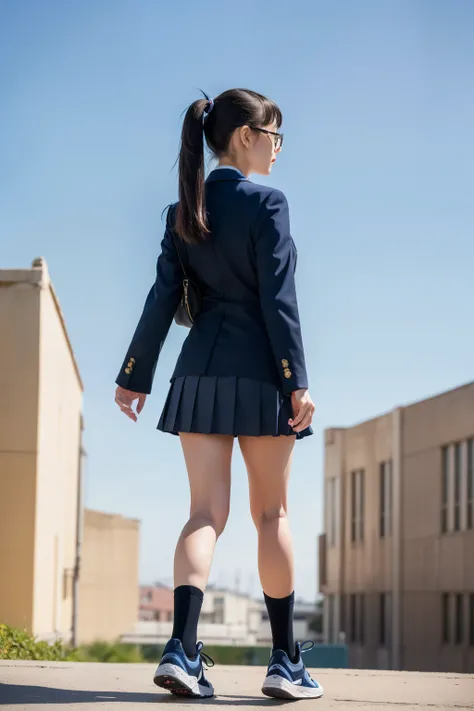 Blue sky background, female middle school student walking,Back view of the uniform,navy blue blazer,gray pleated micro mini skirt,navy blue knee-high socks half to the knee,Sneakers,black hair ponytail,glasses,Taiwanese girl,low angle,