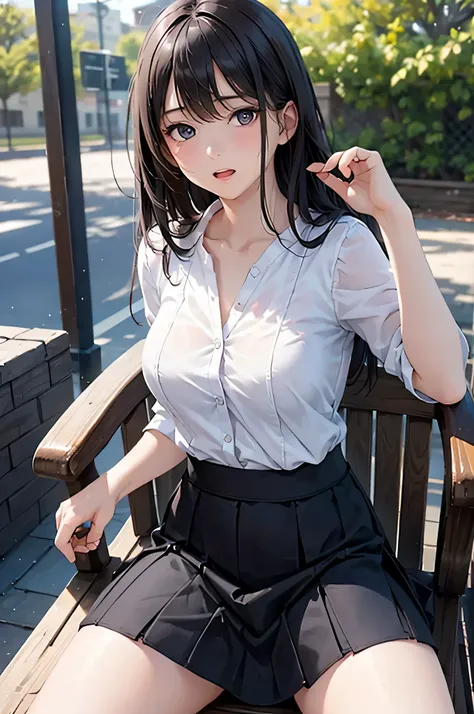  8k resolution,((Highest quality)),super high definition, Adult Female, alone,  sexy, (embarrassed expression), ( black eyes), beautiful symmetrical face, (black straight long hair),white shirt for summer,skirt,realistic:1.4,realistic:1.4,(masterpiece:1.2)...