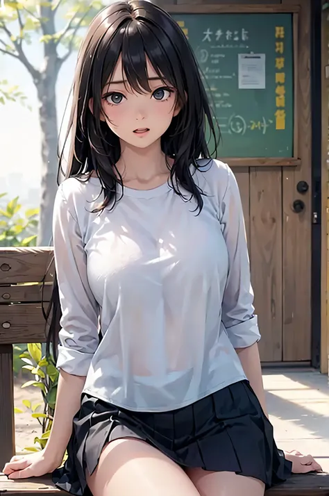  8k resolution,((Highest quality)),super high definition, Adult Female, alone,  sexy, (embarrassed expression), ( black eyes), beautiful symmetrical face, (black straight long hair),white shirt for summer,skirt,realistic:1.4,realistic:1.4,(masterpiece:1.2)...