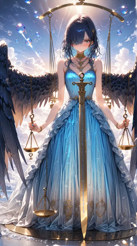 ((masterpiece, high image quality ,8k)),(( very detailed ,perfect picture)),(Perfect Anatomy),(ultra detailed),((adult woman)),((blue and evening dress)),( skinny dress ),(hair over one eye),(I'm in a bad mood),bad,is angry,(dark blue hair),((one adult wom...