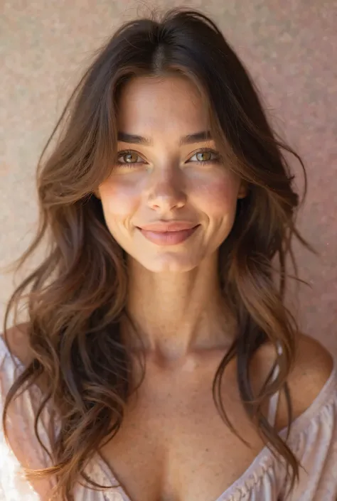 Young brunette woman with soft, flowing hair, styled naturally with a slight wave. Her expression is warm and romantic, a gentle smile playing on her lips. She gazes directly into the camera, full-face portrait. Her skin glows with a subtle, natural textur...