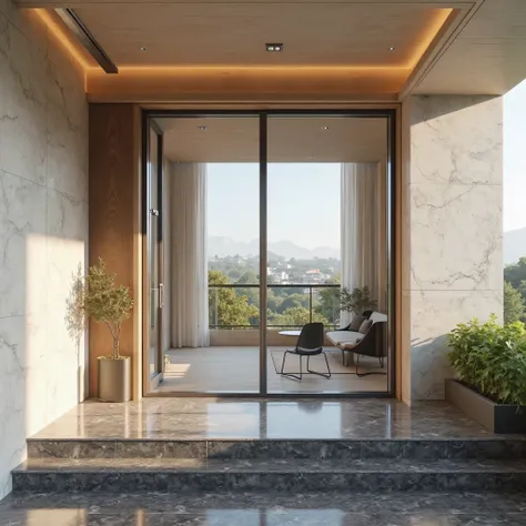 Oblique side sunlight effect、modern duplex high-rise large flat、 The entrance to the house is on the side of the balcony、balcony glass、 entrance of the current gatehouse、simple style、Positive effects、Light-colored glossy wall tiles、Light-colored wood grain...