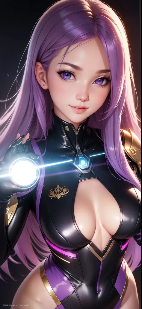 masterpiece, best quality, beautiful detailed hair detailed face, perfect feminine face, (happy:1.2), open mouth, smiling, (close-up potrait:1.2), face focus, a beautiful and cute warframe woman and glowing purple hair, purple neon lighting, (sci-fi cyberp...