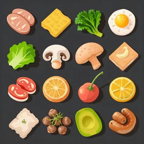 This image presents a set of neatly organized, isometric icons representing various food ingredients. Let's analyze its features and potential uses:

Image Description:

The image shows a grid of sixteen individual icons, each depicting a different food in...