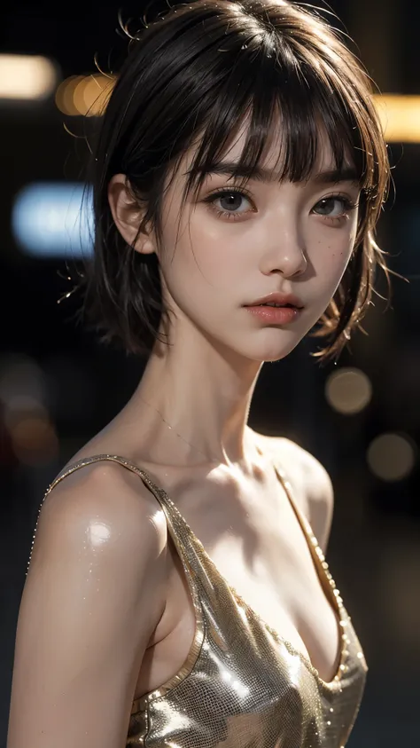 Cute 26 year old ,1 girl,slim face ,8k,Super realistic image quality, dynamic shadows,Sparkling Eyes,Clear black eyes, movie theater lighting,Dim Back Street , night ,City Darkness ,suit, ((face close up:1.2)),(( expressionless:1.4)),((Short bob cut with s...