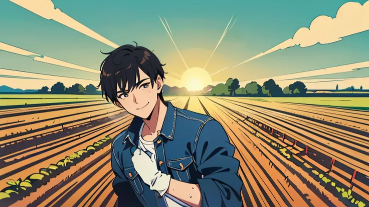 (((Line art style, fashion illustration, stylish art, farm work landscape))), Sun, smiling man plowing the soil in the field, muscles, sweat, sun, hoe, farm work, vegetable garden, Ichiro Tsuruta, Patrick Herr Nagel, one young man, viewer view, black hair,...