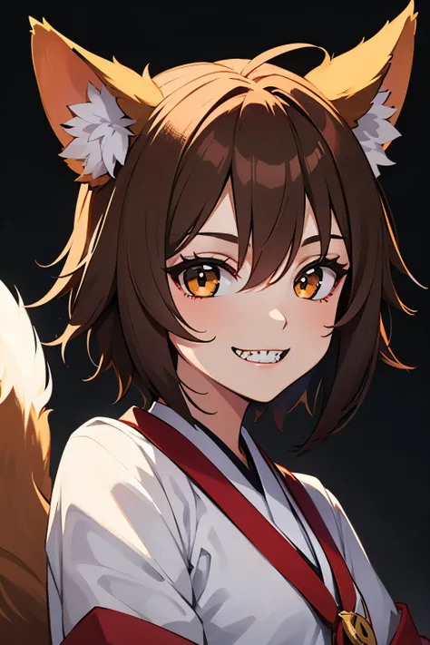 Boy, fox, kitsune, Brown hair, Fox ears, Fox tail, Chestnut eye colour, sharp teeth, (smiling expression)