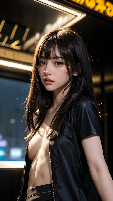 Cute 26 year old ,1 girl,slim face ,8k,Super realistic image quality, dynamic shadows,Sparkling Eyes,Clear black eyes, movie theater lighting,Dim Back Street , night ,City Darkness ,suit, ((face close up:1.2)),(( expressionless:1.4)),((bangs straight belly...