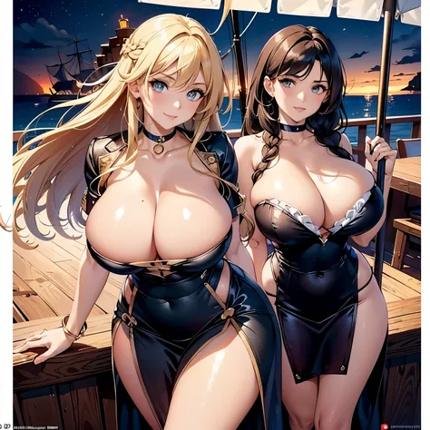 glamour shot, long hair, choker. busty (((DD-size breasts))), wide hips. lythe figure, curvy, voluptuous figure, sexy pirate, Puff Sleeve Chemise Top with plunging neckline, maxi skirt, posing on a pirate ship, mischievous smile, trending on Artstation, di...