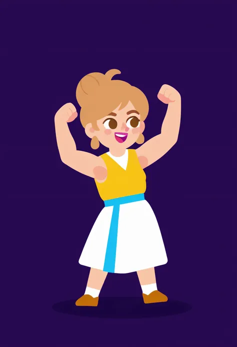 {{masterpiece}}, {{incredible quality}}, {{full HD}}, vector art, flat design, modern digital illustration. A cheerful young woman with fair skin and light brown hair, tied back neatly. She wears a bright yellow sleeveless dress, radiating warmth and posit...