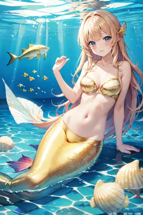 Highest quality、best image quality、  masterpiece,    cute mermaid、( Gold)、Seashell Bra、 lower body fish、Shallow water、