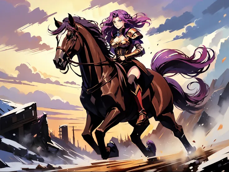 ((best quality)), ((anime masterpiece)), (high detailed), 8k, cinematic lighting, perfect face, female knight riding a HORSE, (cornelia_li_britannia, blue eyes, {purple hair}, large breast, cleavage), (red armor, golden pauldron, red miniskirt, belt, bare ...