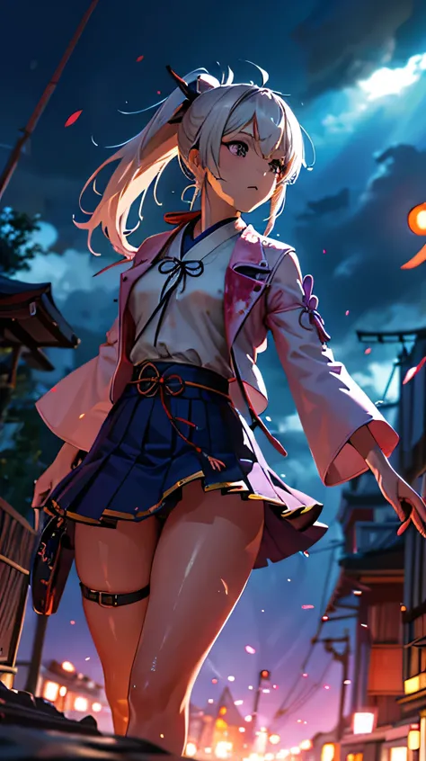 1 girl,  Japanese Clothes, ponytail , white hair, purple eyes,  Magic Circle,  blue flame,  blue flame,  wallpaper, landscape, Blood, Blood splatter, depth of field,  night , light particles, light,  sidelights in the form of drops,  thighs,  destiny \(ser...