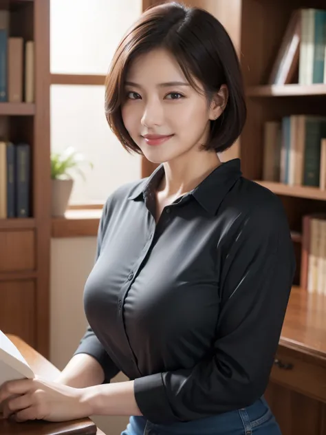 ((masterpiece))、((Highest quality))、 photos、reality、Hi-Res、 increased depth of field、has realistic lighting、secretary、40 years old、 gentle face、 short hair、realistic background and accessories、Moist Body、sexy lips、A quiet and dark library、high ceiling、Book...