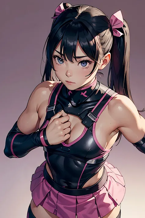  Female Fighter、put your hands on your lower back、realistic、Smug face、opens her mouth、Japanese 、simple background、 upper body up、 Trained Biceps  、twin tails from above、pink combat uniform、pink skirt、black tights、(shoulder armor)、headband、 black hair、( elb...