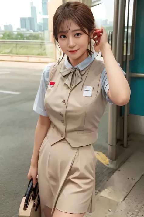 (masterpiece:1.2, Highest quality:1.2), 32kHDR, Hi-Res, (alone、1 girl)、(Rooftop of a building during the day、 professional lighting)、Building rooftop background、(JR WOMAN TRAIN CREW UNIFORM BEIGE REAL STYLE)、((JR Woman Train Crew Uniform Beige Light Blue B...