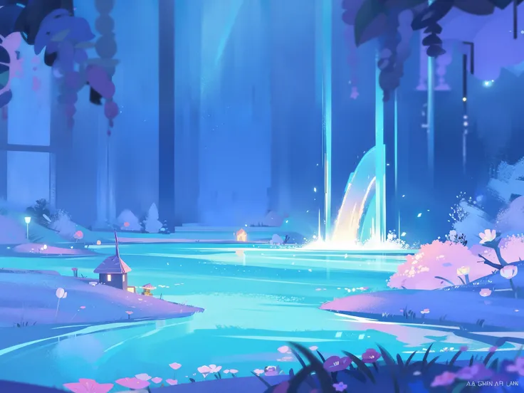 magical lagoon, whimsical, fantasy landscape, cool colors, glowing lights, waterfall, fantasy landscape, magical plants