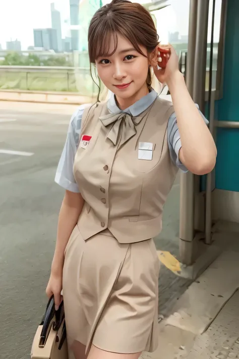 (masterpiece:1.2, Highest quality:1.2), 32kHDR, Hi-Res, (alone、1 girl)、(Rooftop of a building during the day、 professional lighting)、Building rooftop background、(JR WOMAN TRAIN CREW UNIFORM BEIGE REAL STYLE)、((JR Woman Train Crew Uniform Beige Light Blue B...