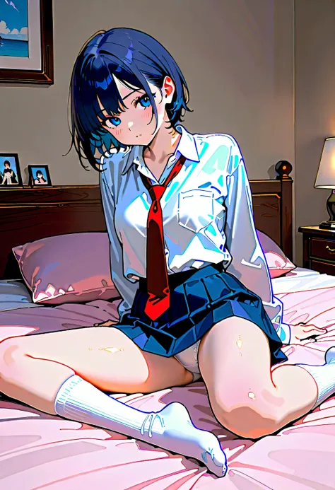 A female student, high school student, with dark blue hair, shoulder length short hair, sitting on the bed, wearing a white shirt, a red tie, a blue mini skirt, beautiful legs, short skirt, legs spread out, one hand in the middle of the leg, white underwea...